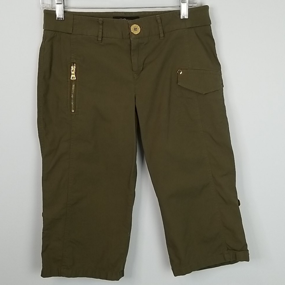 Guess Olive Green Roll Up Capri Pants 28 low rise gold buttons y2k